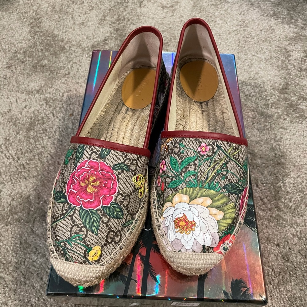 Gucci Pilar Floral GG Supreme Espadrille Flat